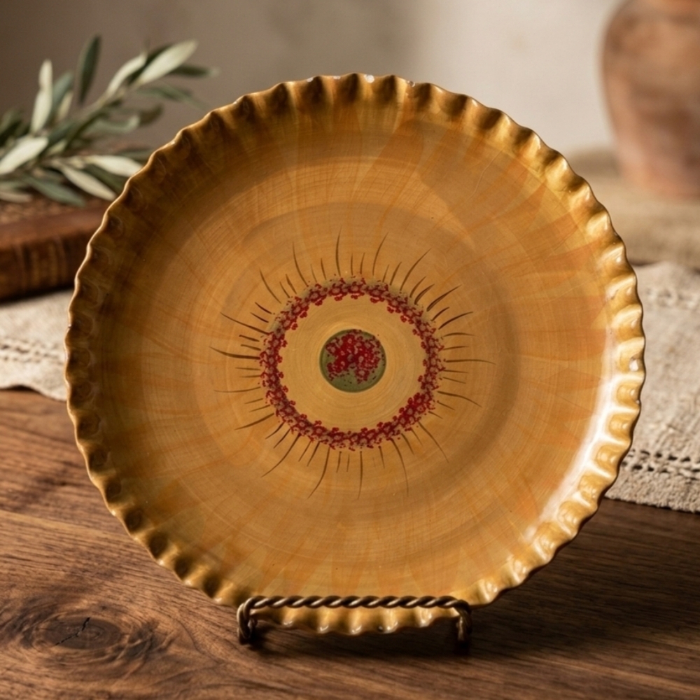 diMani Italy Vintage Pottery Sunburst Ruffled Edge Ceramic Plate Rustic Tuscan
